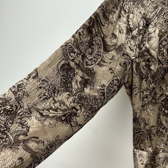BCBG Max Azria Brown Beige L Baroque Print Long Sleeve Open Back Silk Blouse - Picture 7 of 12